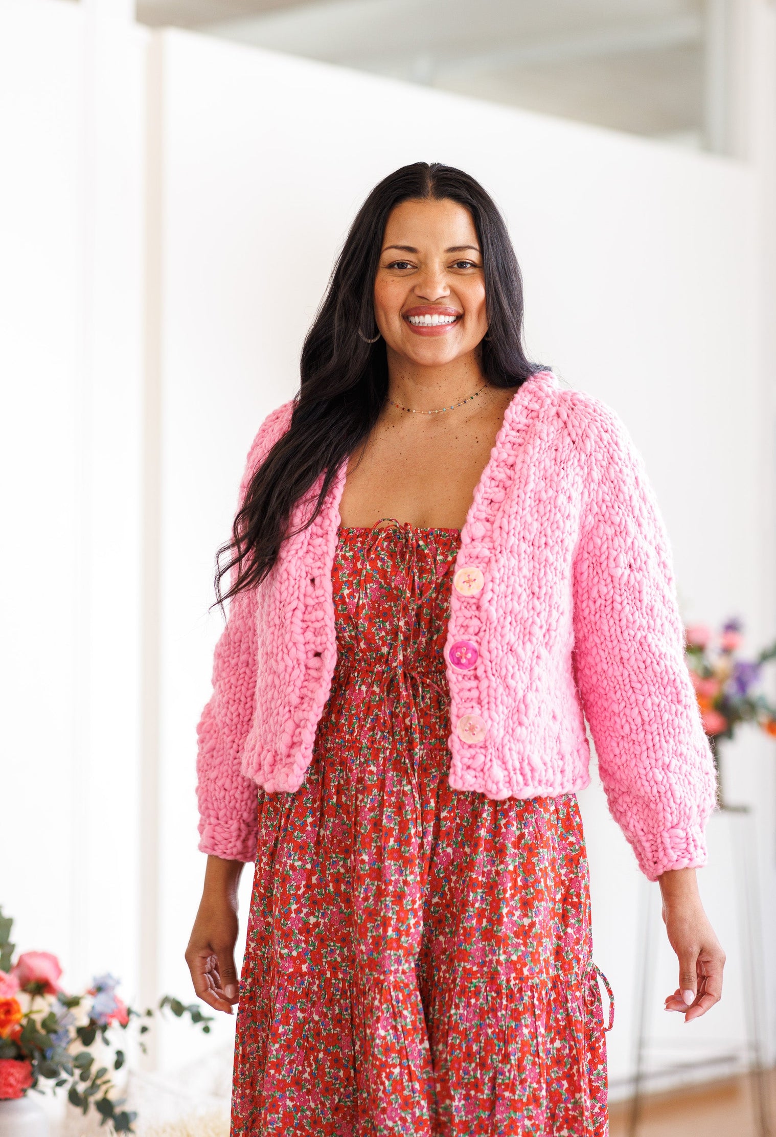Model wearing Everyday Yay Cardi in Bubblegum Candy.