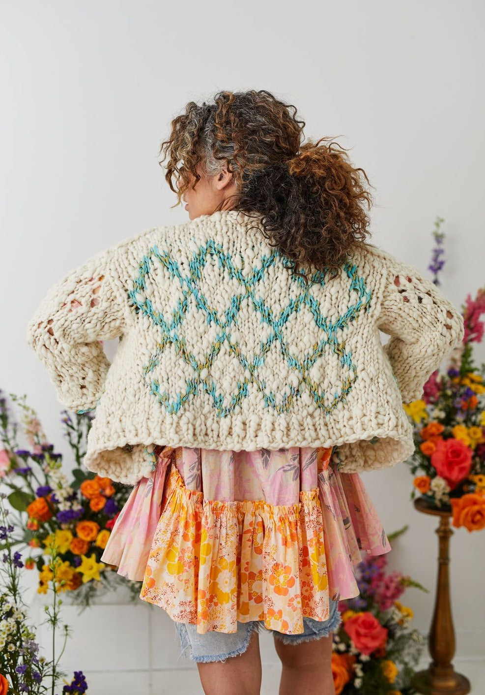 Full back view of High Fives Cardi with diamond shape pattern