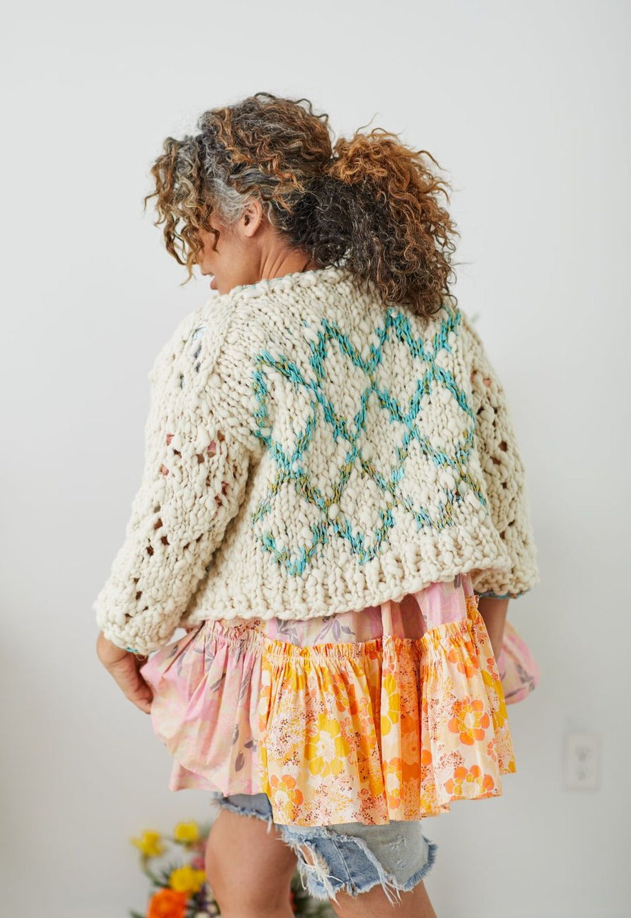 High Fives handknit cardigan featuring argyle pattern