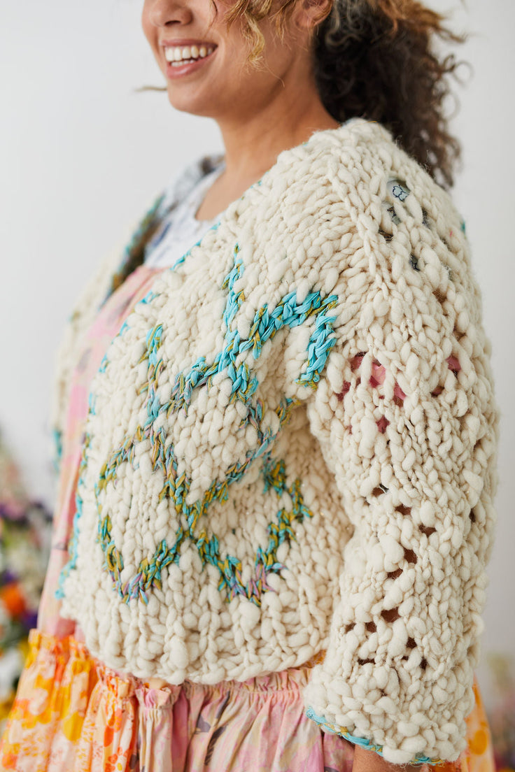 Front Panel detail shot of High Fives Cardi in French Vanilla and Reflection Pool yarns