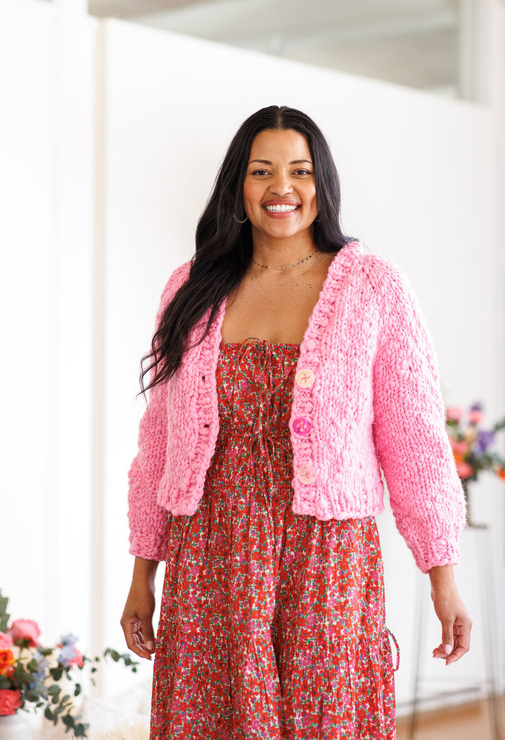 Model wearing Everyday Yay Cardi in Bubblegum Candy. 