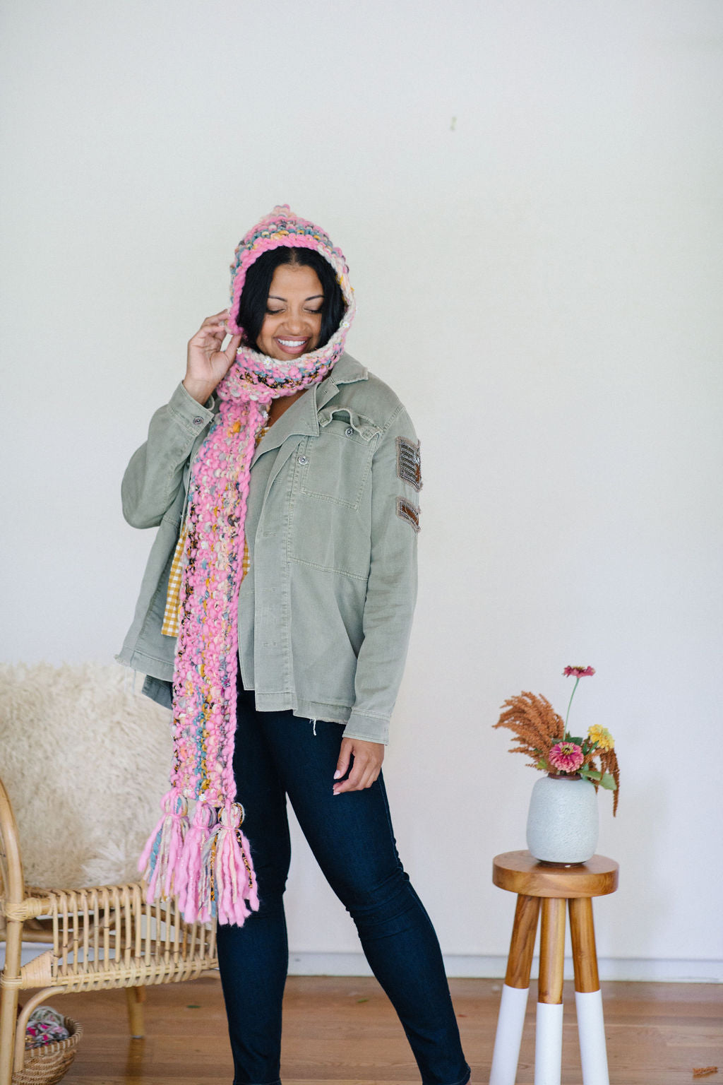 The Gotta Be Hoodie scarf is a fun way to play with different yarns