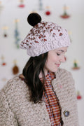 Pixelated Beret shown with a Leopard Brown Pom Pom
