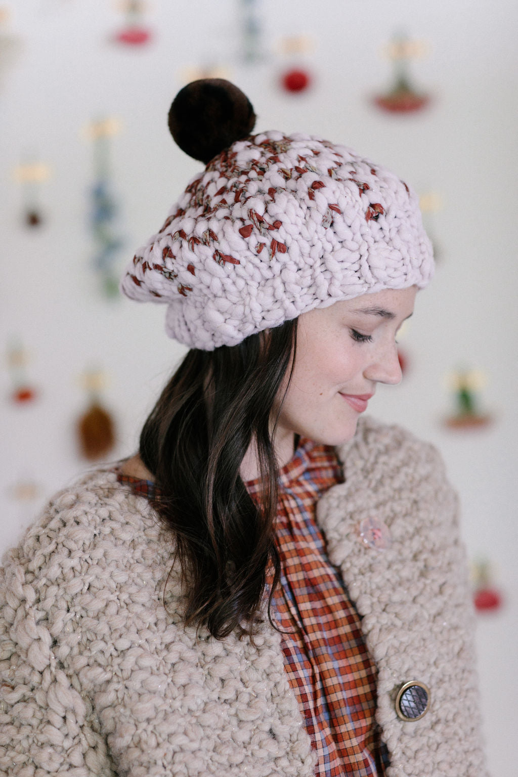 Pixelated Beret shown with a Leopard Brown Pom Pom