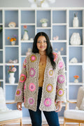 Model wearing the Fawn Heather combo of the Starfall Cardi without fringe