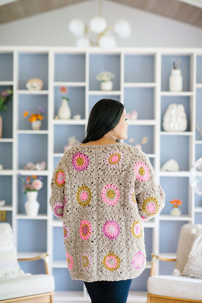 View of the Starfall Cardi granny squares from the back