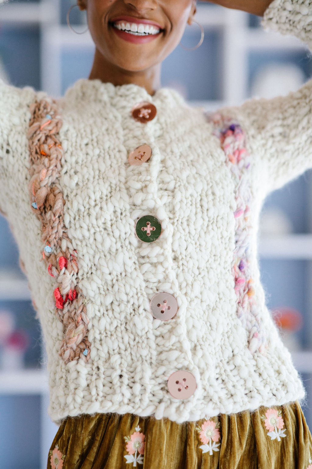 Buttons are sewn onto the Winding Road Cardi for a fitted look when closed