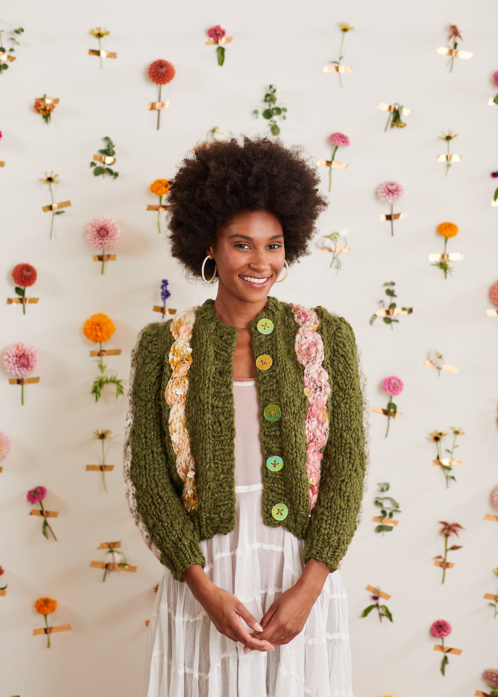 Model wearing an olive green Winding Road Cardi