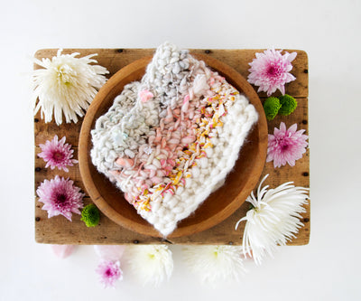 Knit Collage Sampler Kit Patterns - Cowl with mini skeins of yarn