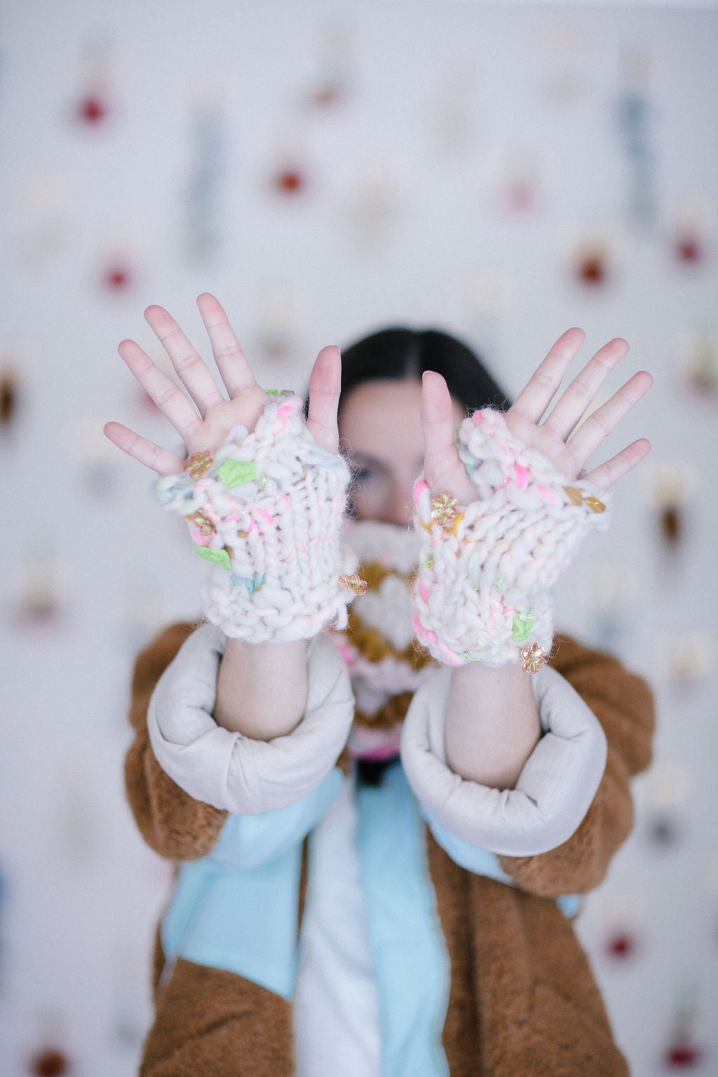 Flower Power Moto Mitts Knit Collage Pattern