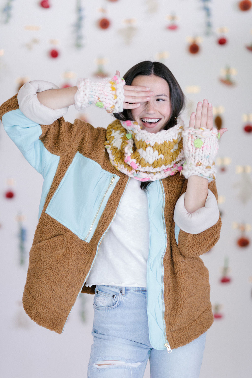 Flower Power Moto Mitts Knit Collage Pattern