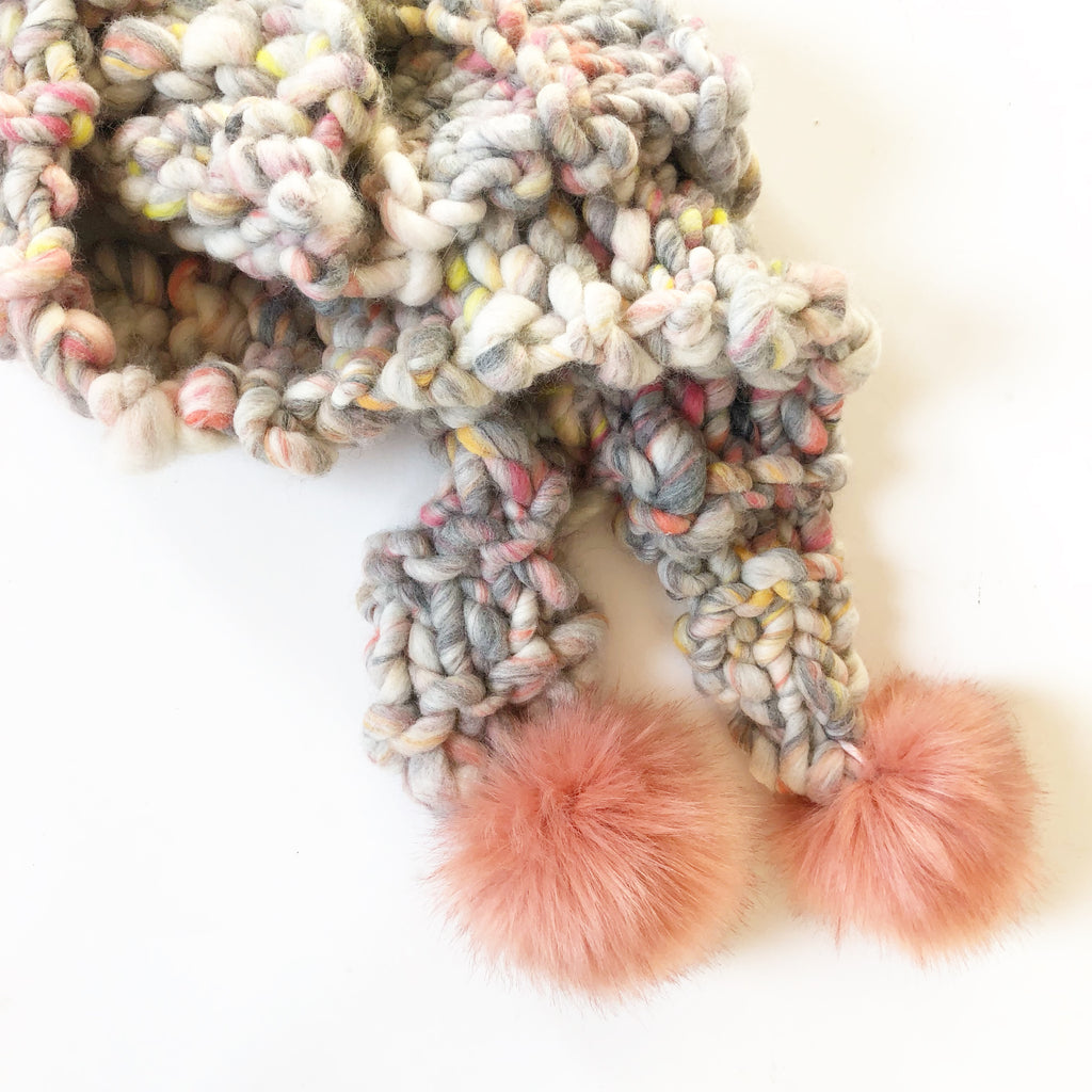 knit collage pom Bomb scarf free Knitting Pattern
