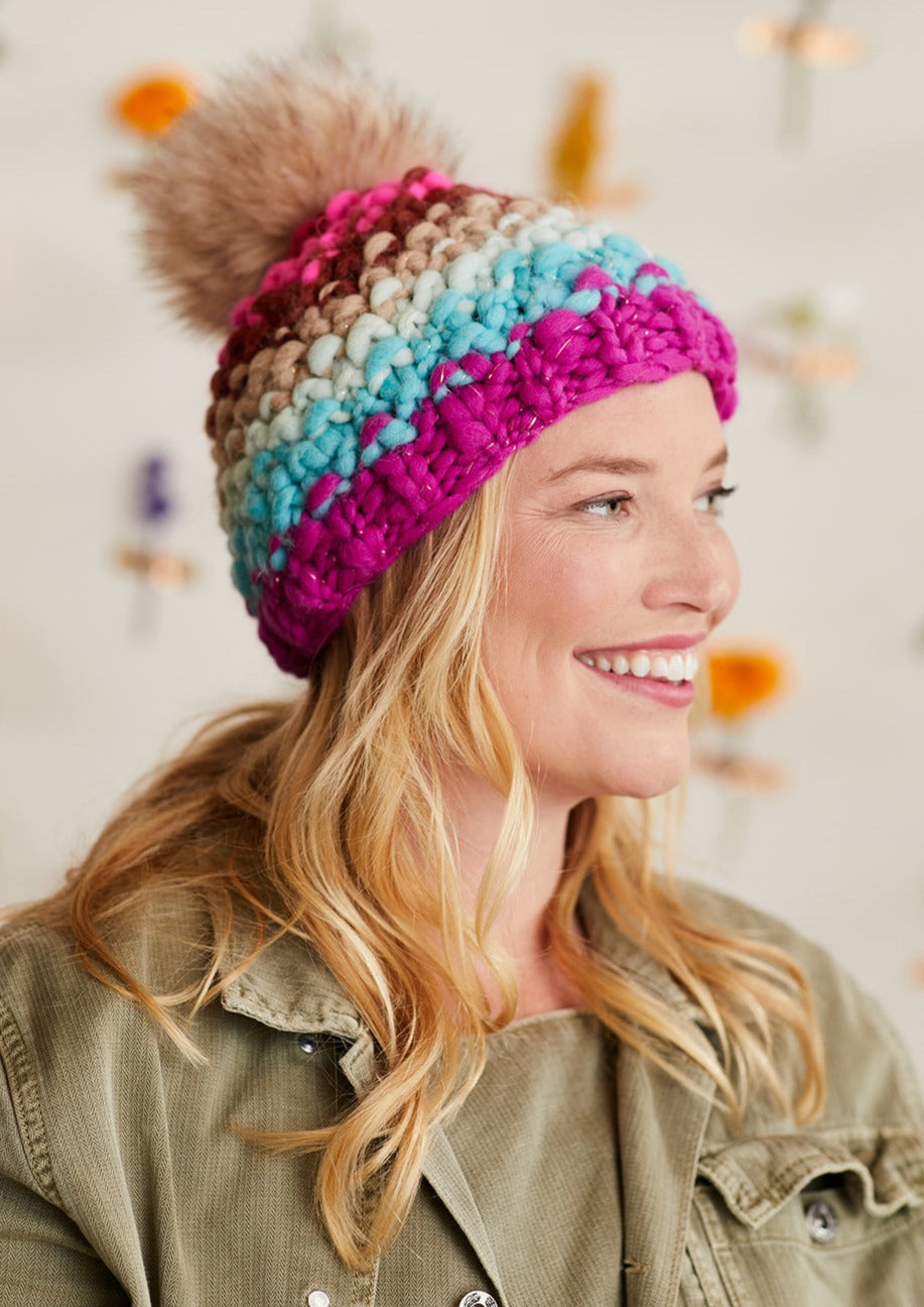 Women showing the right view of the hat.